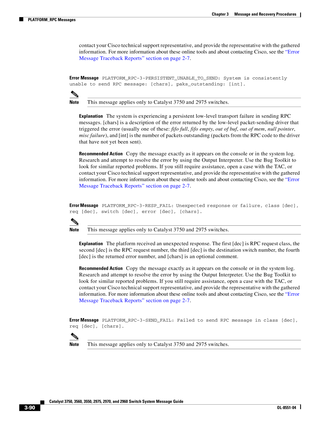 Cisco Systems 3750 manual Message and Recovery Procedures Platformrpc Messages 