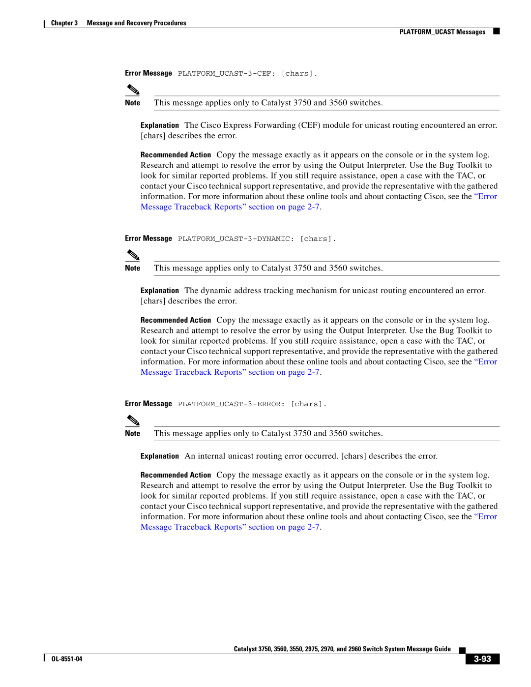 Cisco Systems 3750 manual Error Message PLATFORMUCAST-3-CEF chars 