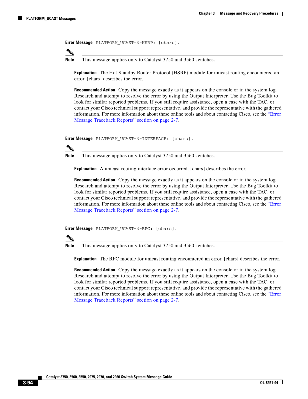 Cisco Systems 3750 manual Error Message PLATFORMUCAST-3-HSRP chars 