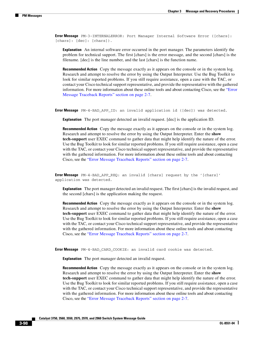 Cisco Systems 3750 manual Message and Recovery Procedures PM Messages 