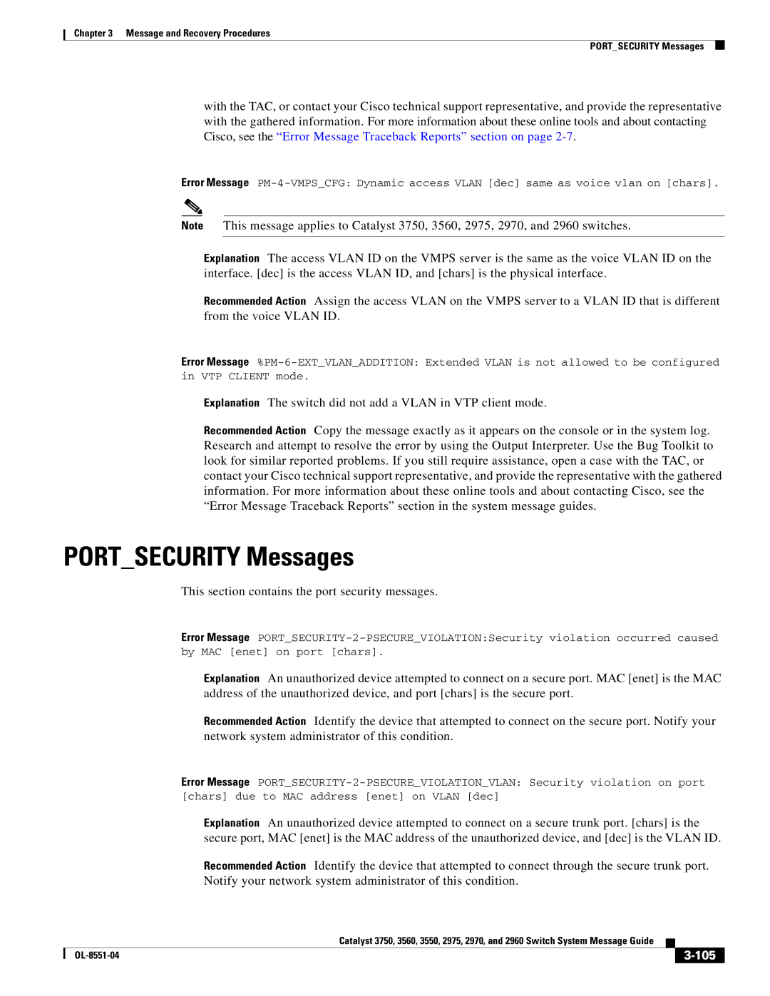 Cisco Systems 3750 manual Portsecurity Messages, This section contains the port security messages, 105 