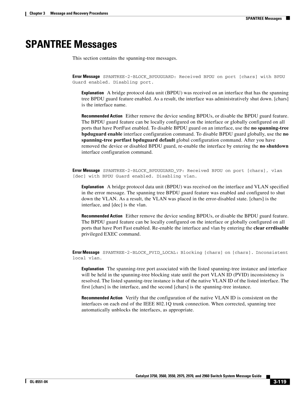 Cisco Systems 3750 manual Spantree Messages, This section contains the spanning-tree messages, 119 