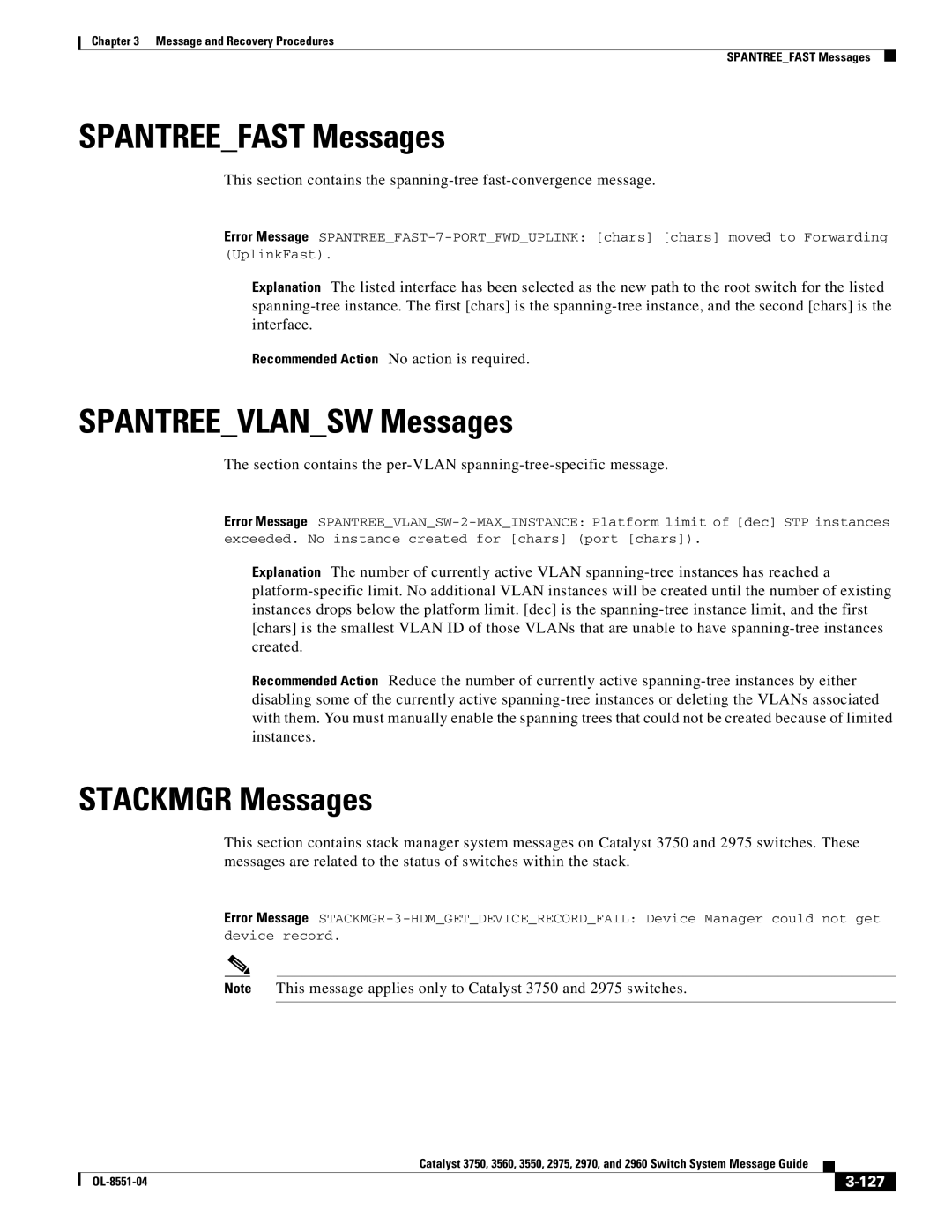 Cisco Systems 3750 manual Spantreefast Messages, Spantreevlansw Messages, Stackmgr Messages, 127 