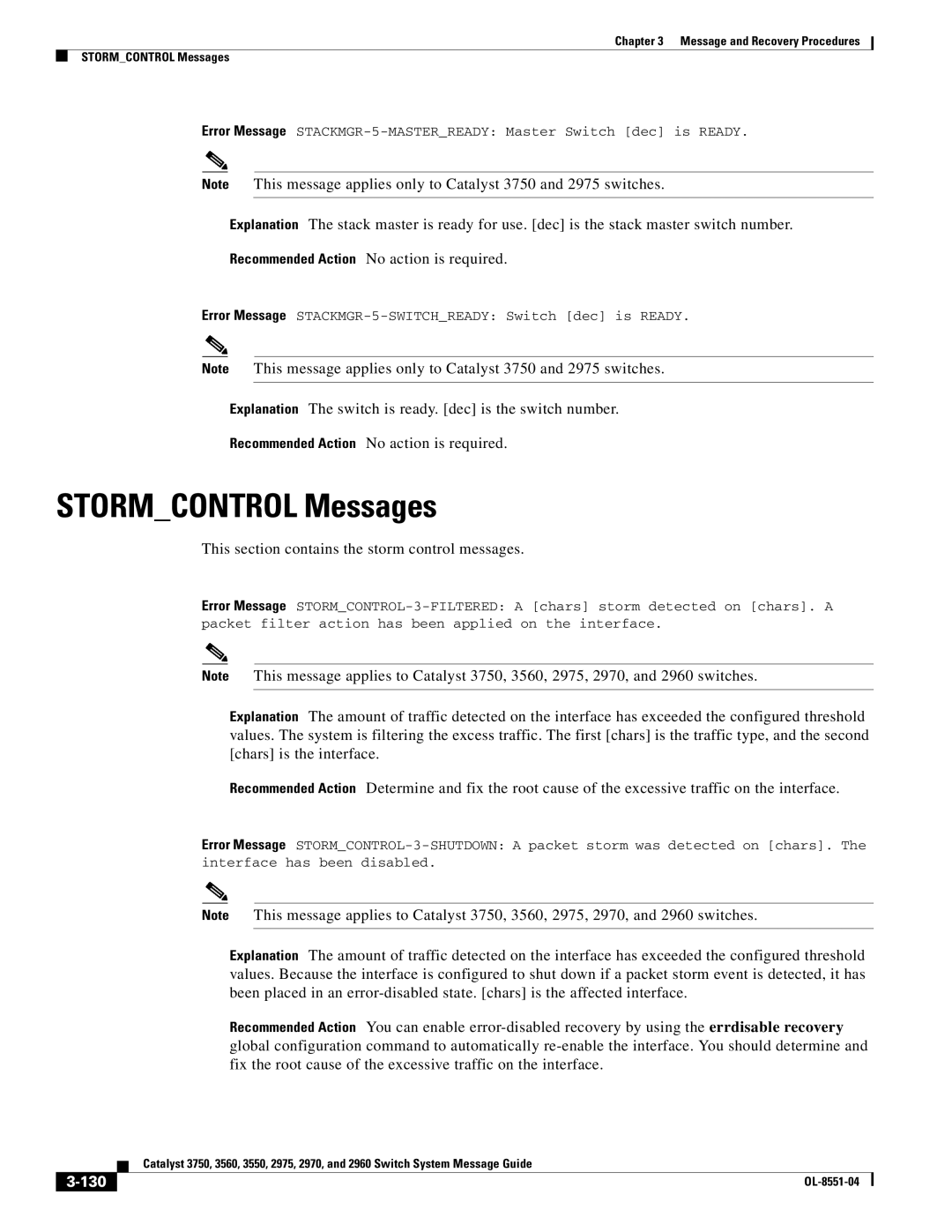 Cisco Systems 3750 manual Stormcontrol Messages, This section contains the storm control messages, 130 