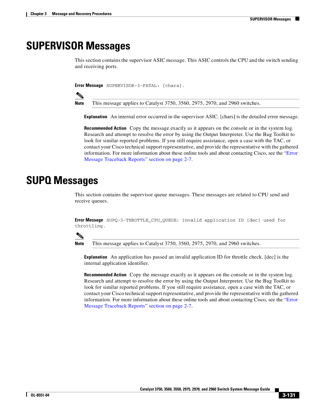 Cisco Systems 3750 manual Supervisor Messages, Supq Messages, 131 