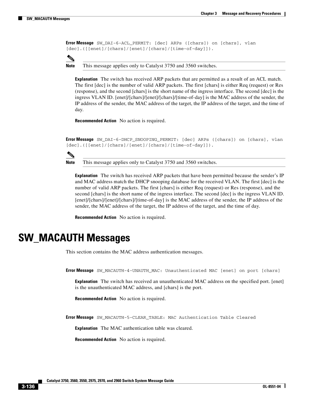 Cisco Systems 3750 manual Swmacauth Messages, 136 