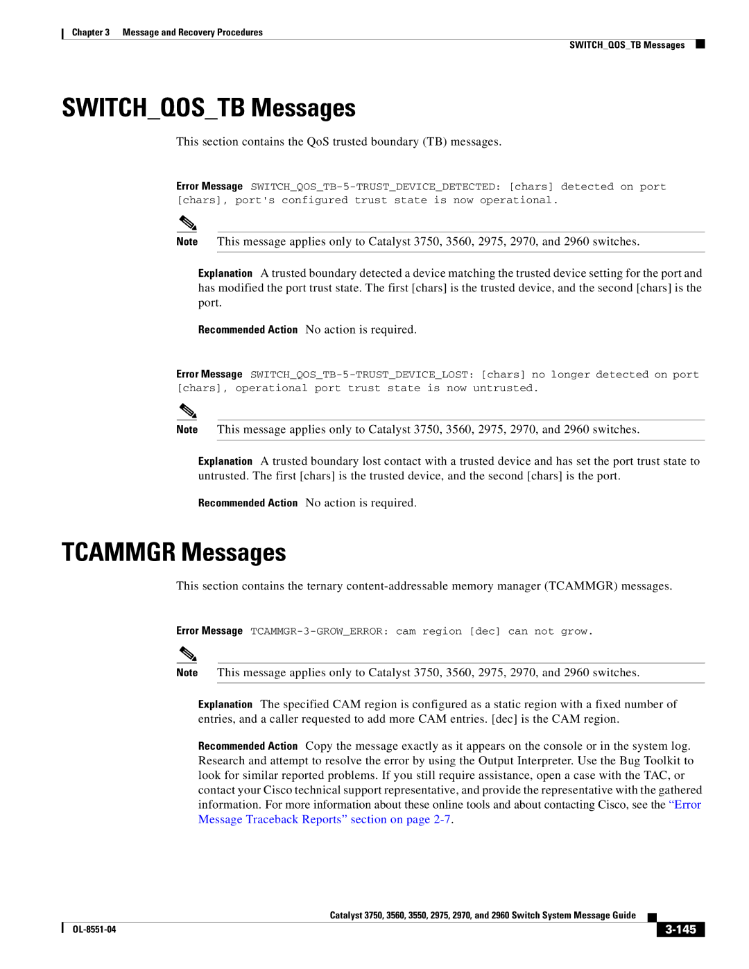 Cisco Systems 3750 Switchqostb Messages, Tcammgr Messages, This section contains the QoS trusted boundary TB messages, 145 