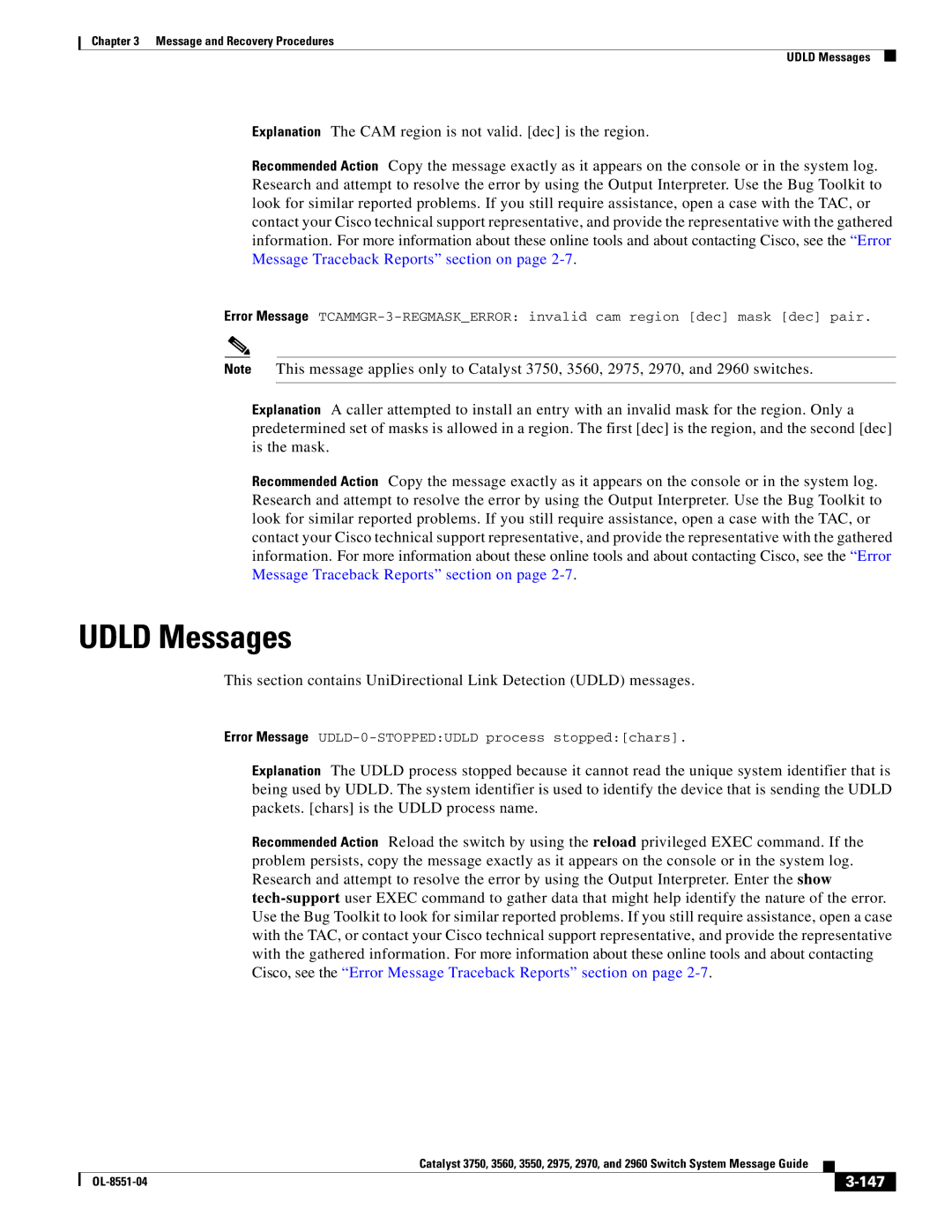 Cisco Systems 3750 manual Udld Messages, 147 