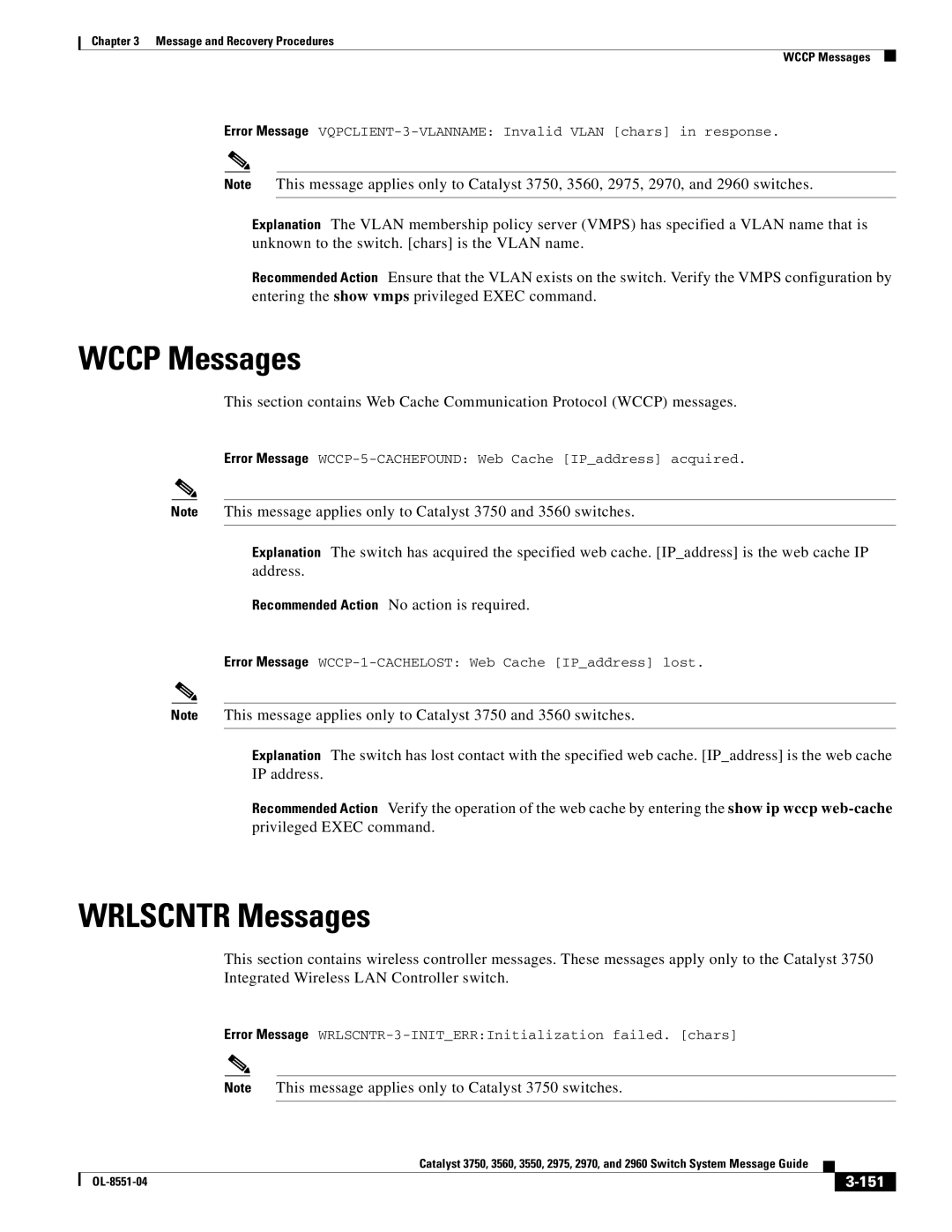 Cisco Systems 3750 manual Wccp Messages, Wrlscntr Messages, 151 