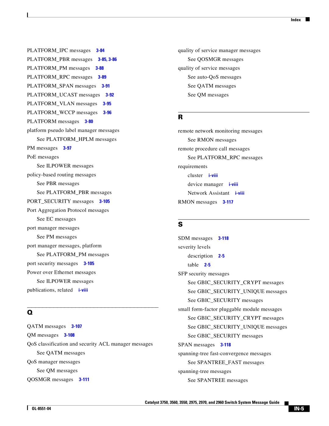 Cisco Systems 3750 Platformipc messages Platformpbr messages, Power over Ethernet messages, Publications, related, IN-5 