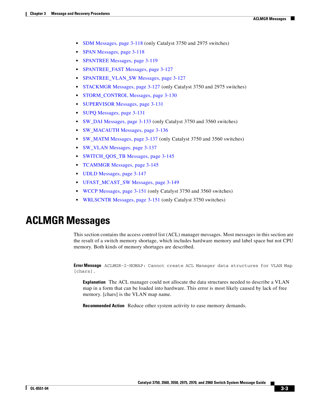 Cisco Systems manual Aclmgr Messages, SDM Messages, page 3-118only Catalyst 3750 and 2975 switches 