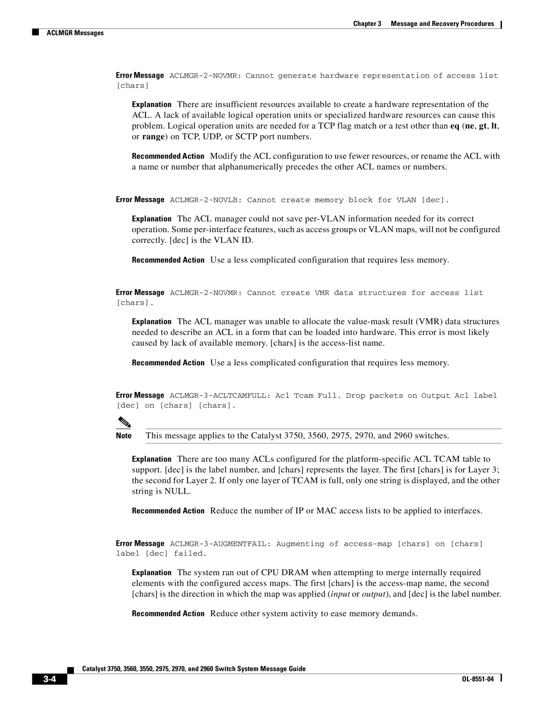 Cisco Systems 3750 manual Message and Recovery Procedures Aclmgr Messages 