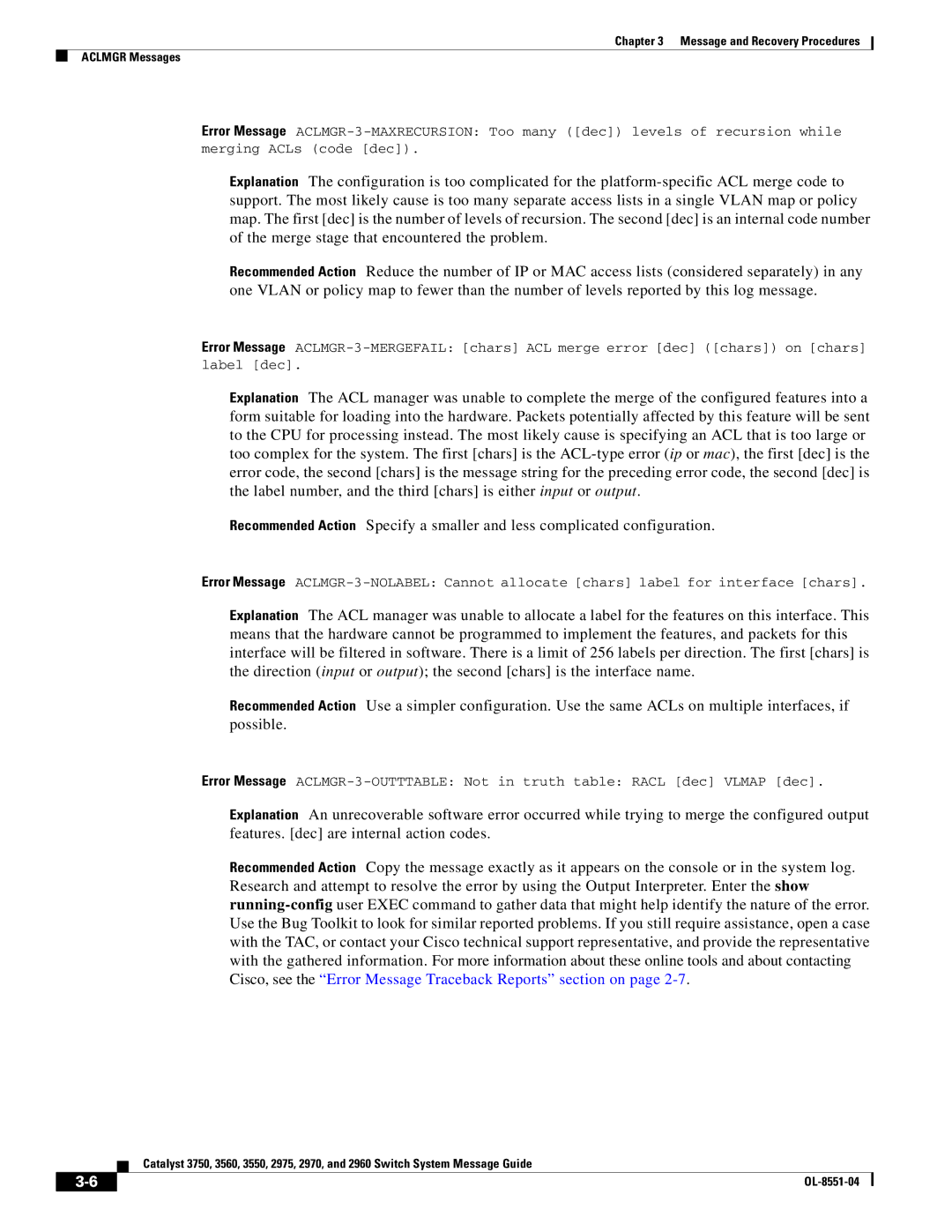Cisco Systems 3750 manual Message and Recovery Procedures Aclmgr Messages 