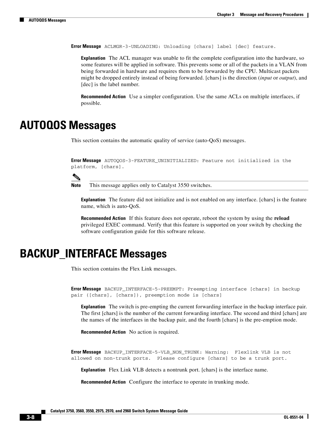 Cisco Systems 3750 manual Autoqos Messages, Backupinterface Messages, This section contains the Flex Link messages 