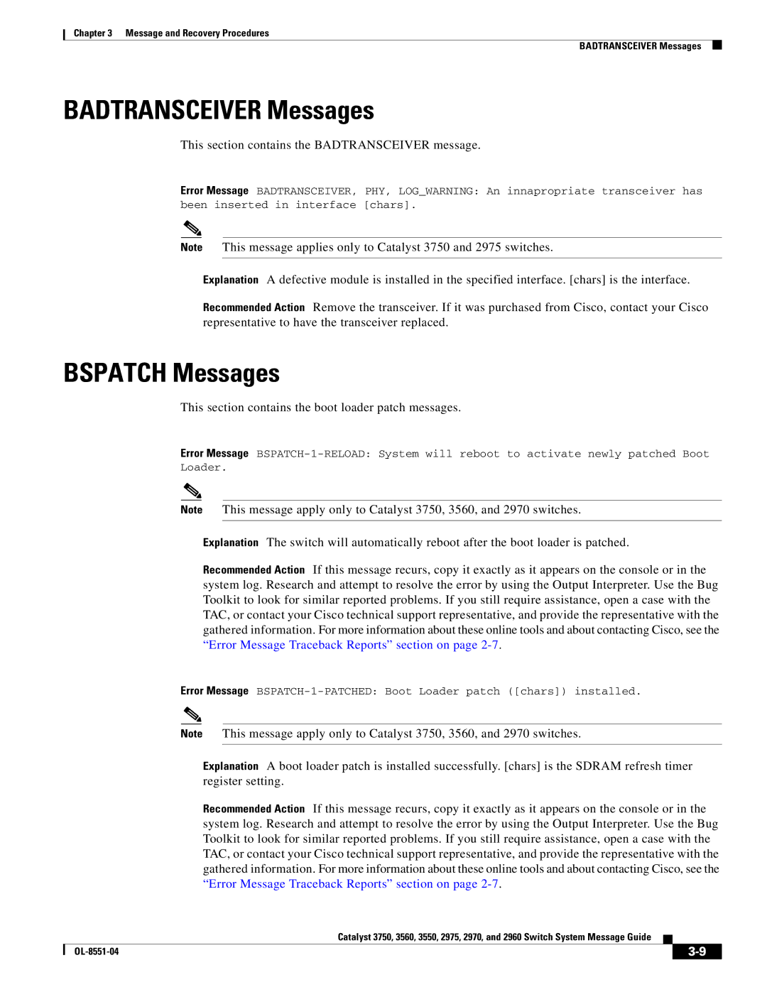 Cisco Systems 3750 manual Badtransceiver Messages, Bspatch Messages, This section contains the Badtransceiver message 