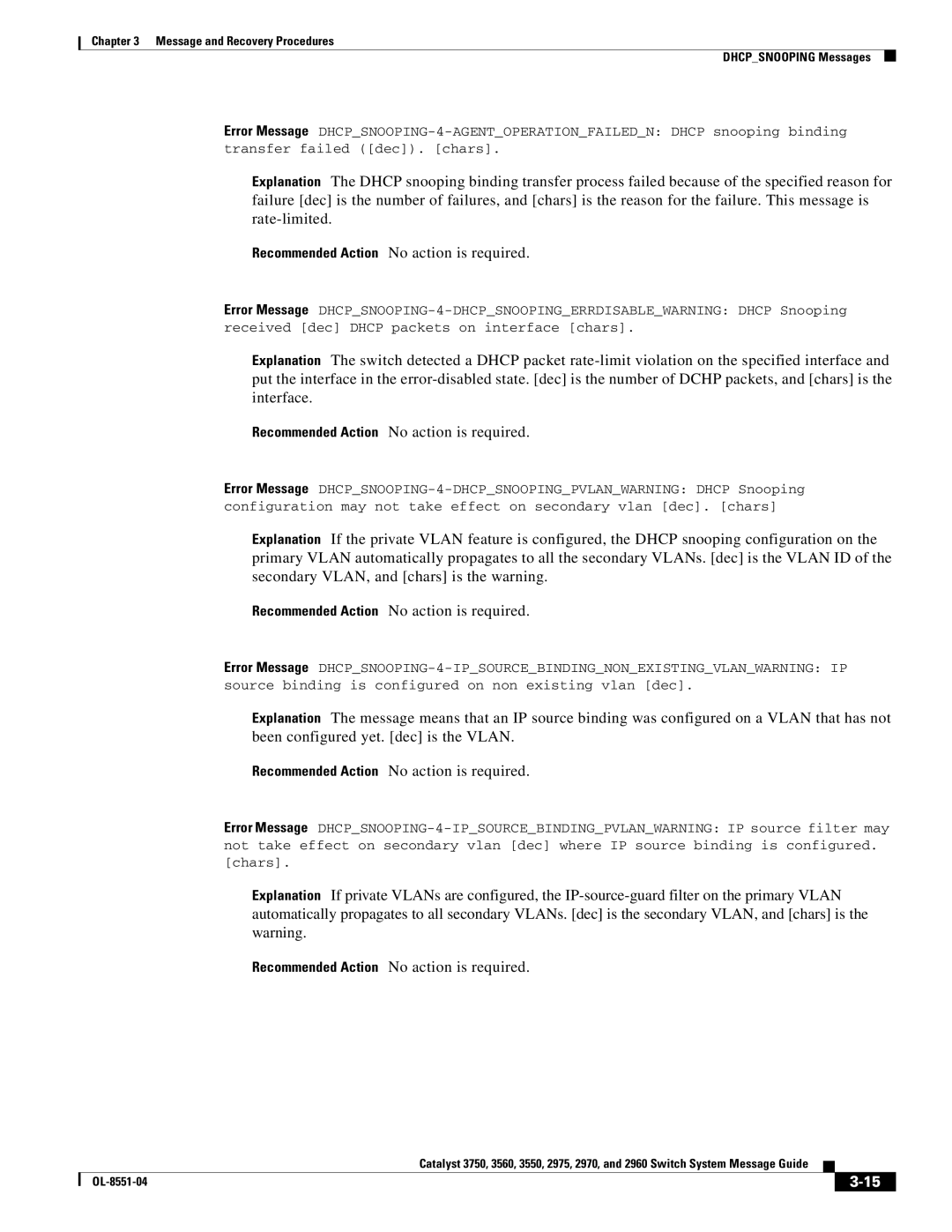 Cisco Systems 3750 manual Message and Recovery Procedures Dhcpsnooping Messages 
