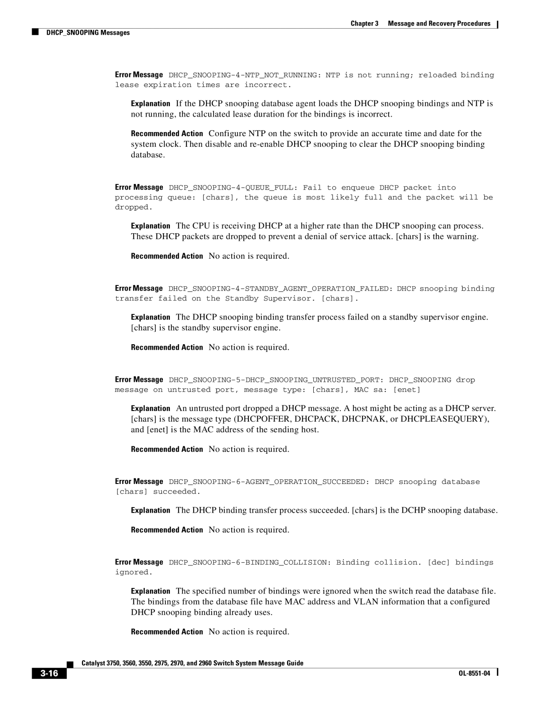 Cisco Systems 3750 manual Message and Recovery Procedures Dhcpsnooping Messages 