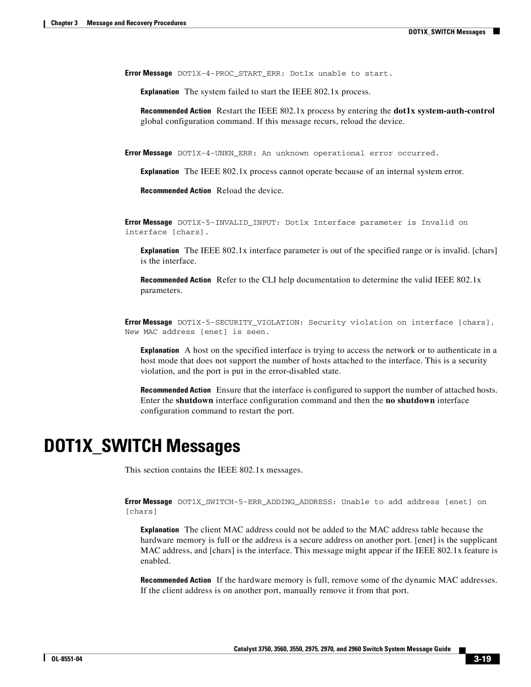 Cisco Systems 3750 manual DOT1XSWITCH Messages, Recommended Action Reload the device 