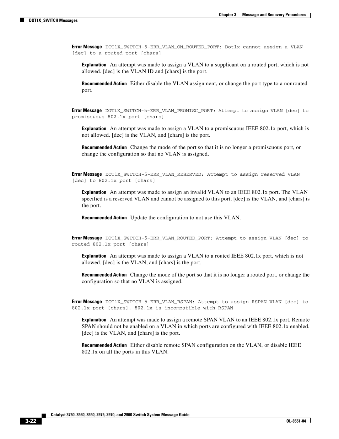 Cisco Systems 3750 manual Message and Recovery Procedures DOT1XSWITCH Messages 