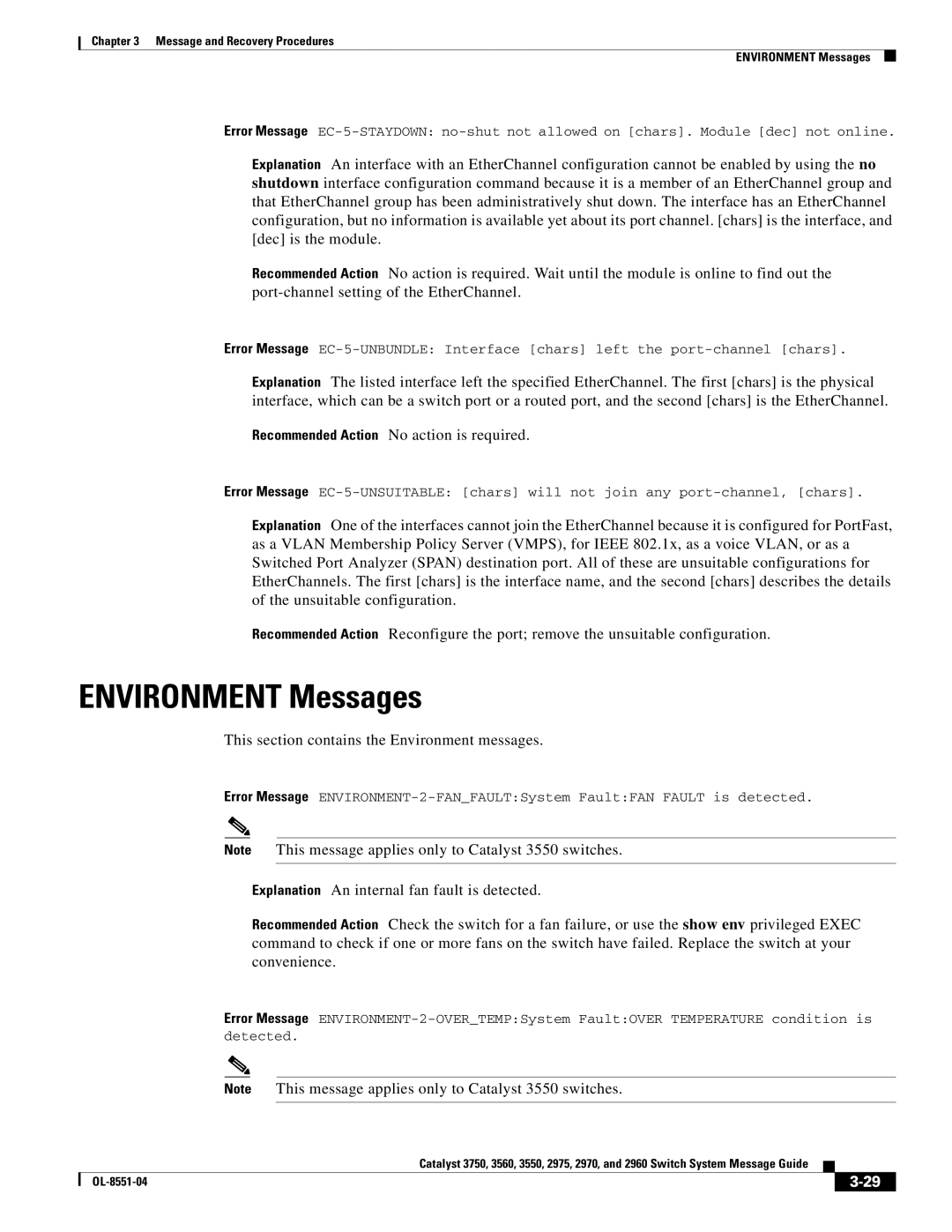 Cisco Systems 3750 manual Environment Messages, This section contains the Environment messages 