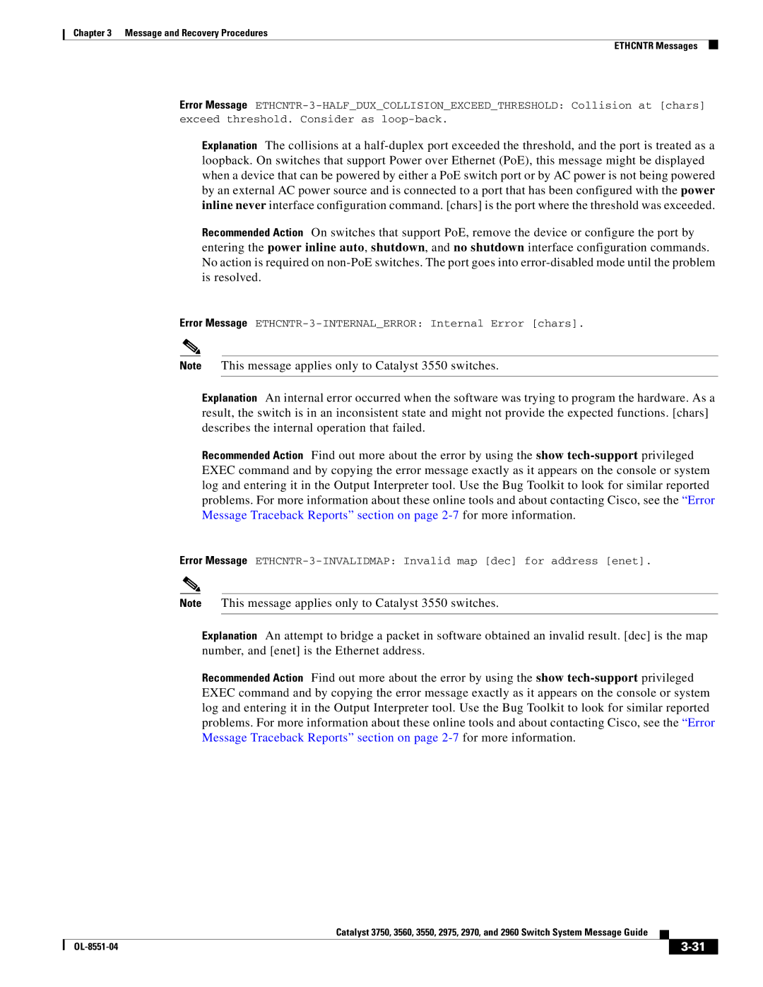 Cisco Systems 3750 manual Error Message ETHCNTR-3-INTERNALERROR Internal Error chars 