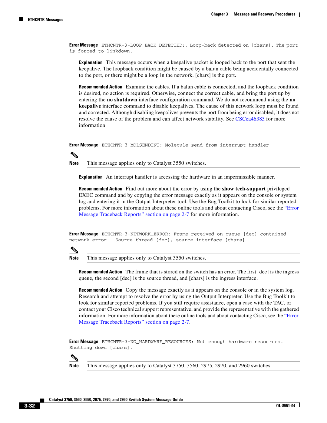 Cisco Systems 3750 manual Message and Recovery Procedures Ethcntr Messages 