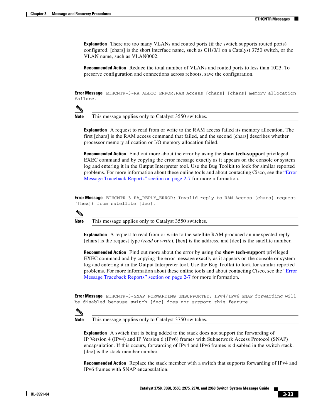 Cisco Systems 3750 manual Message and Recovery Procedures Ethcntr Messages 