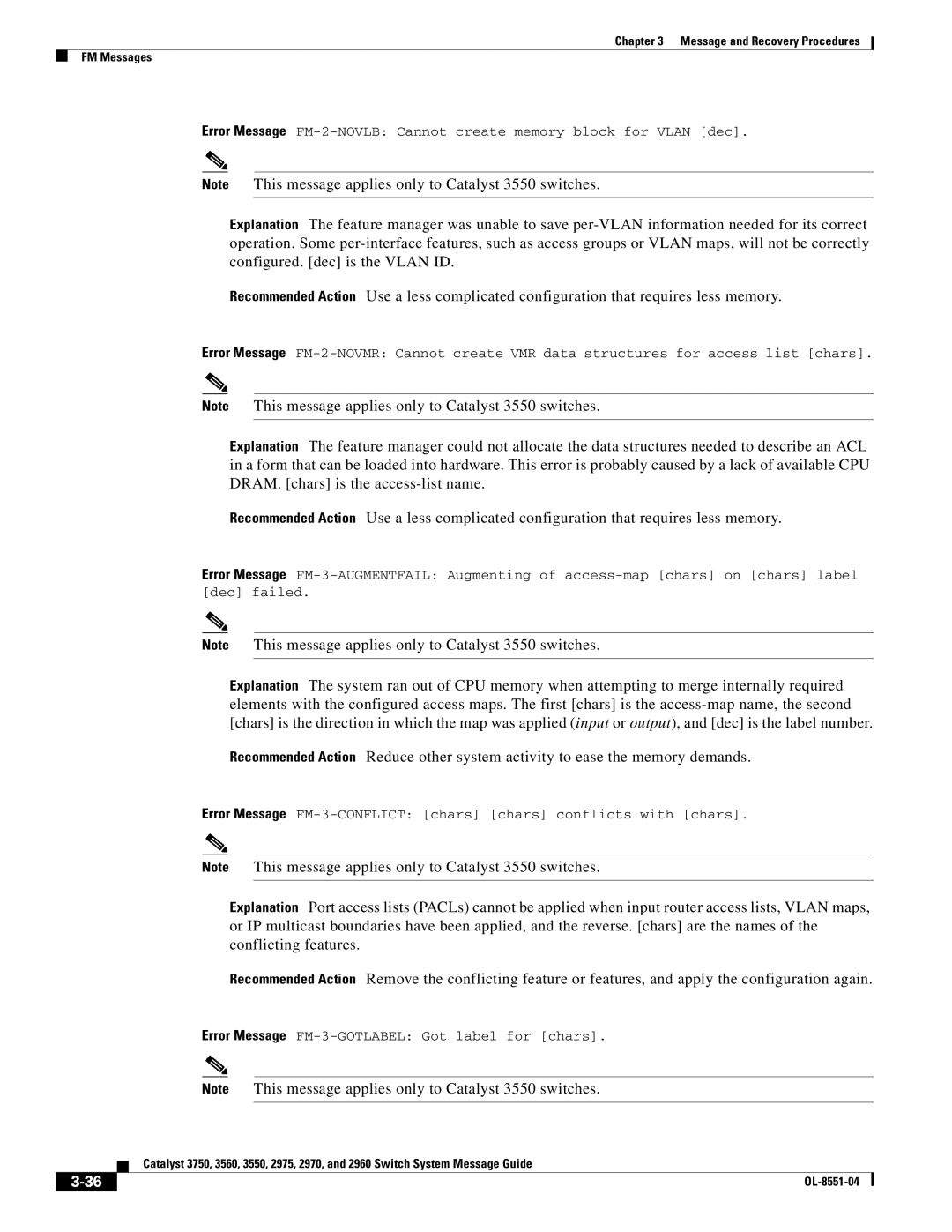 Cisco Systems 3750 manual Error Message FM-3-CONFLICT chars chars conflicts with chars 