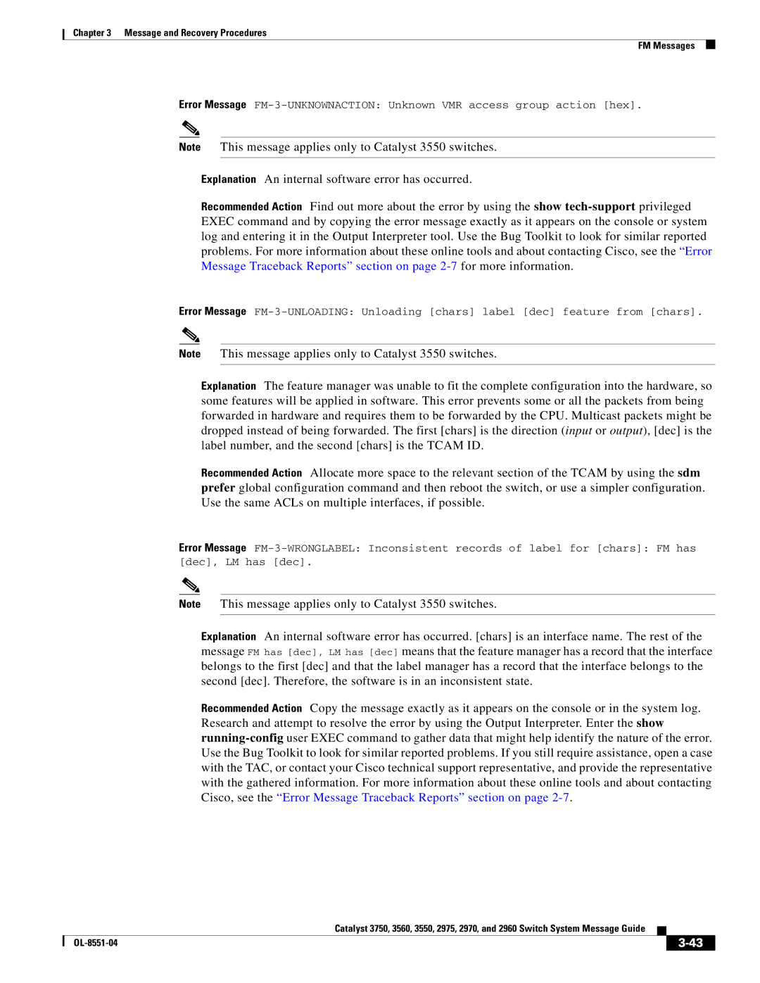 Cisco Systems 3750 manual Message and Recovery Procedures FM Messages 
