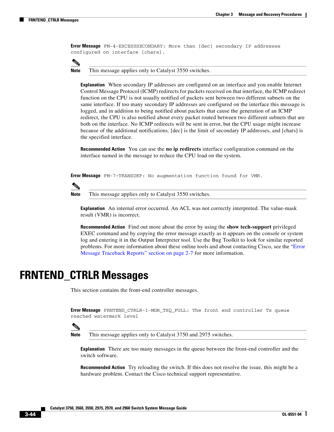 Cisco Systems 3750 manual Frntendctrlr Messages, This section contains the front-end controller messages 