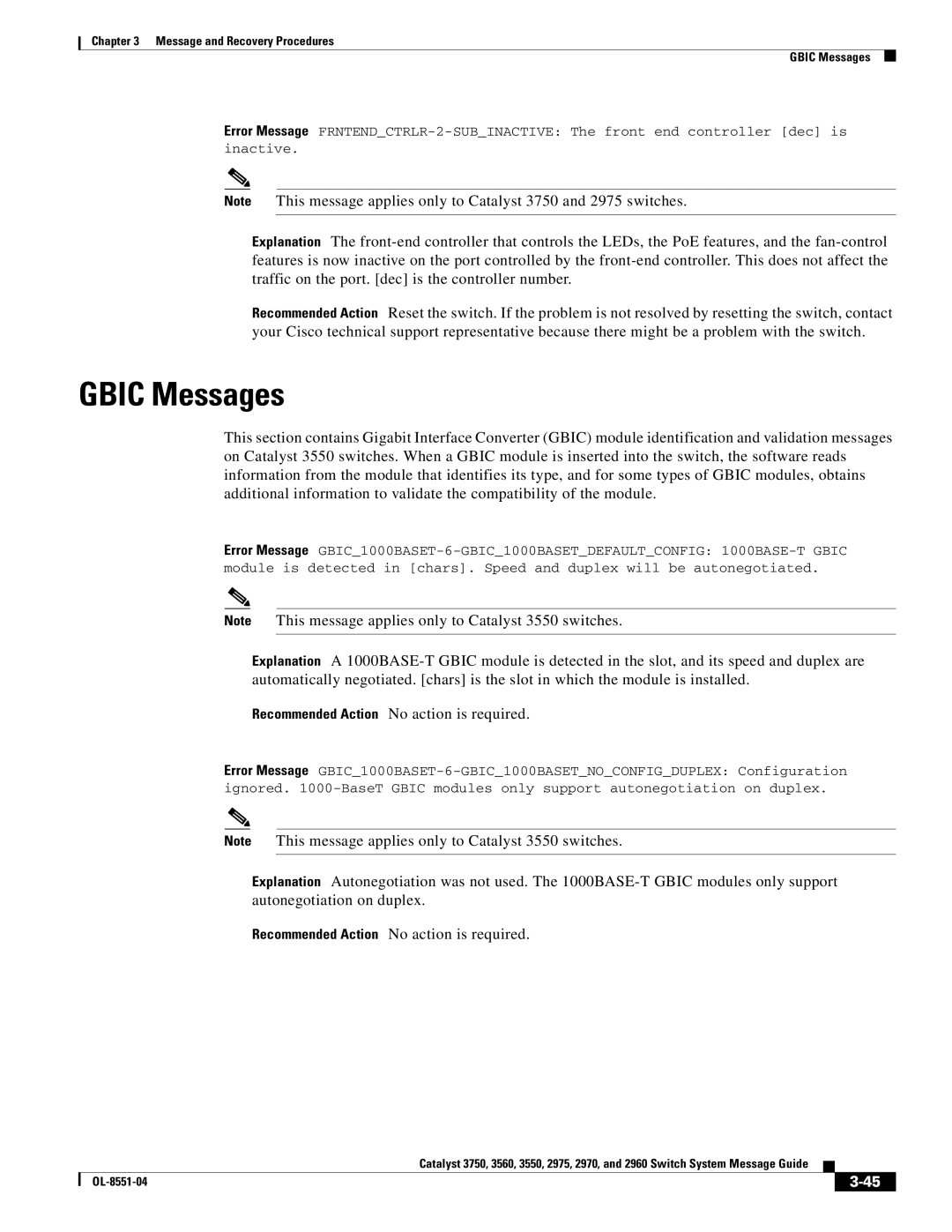 Cisco Systems 3750 manual Gbic Messages 