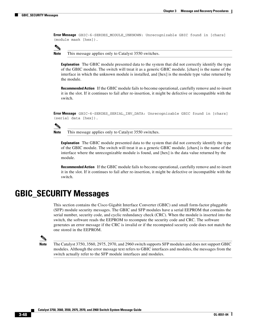 Cisco Systems 3750 manual Gbicsecurity Messages 