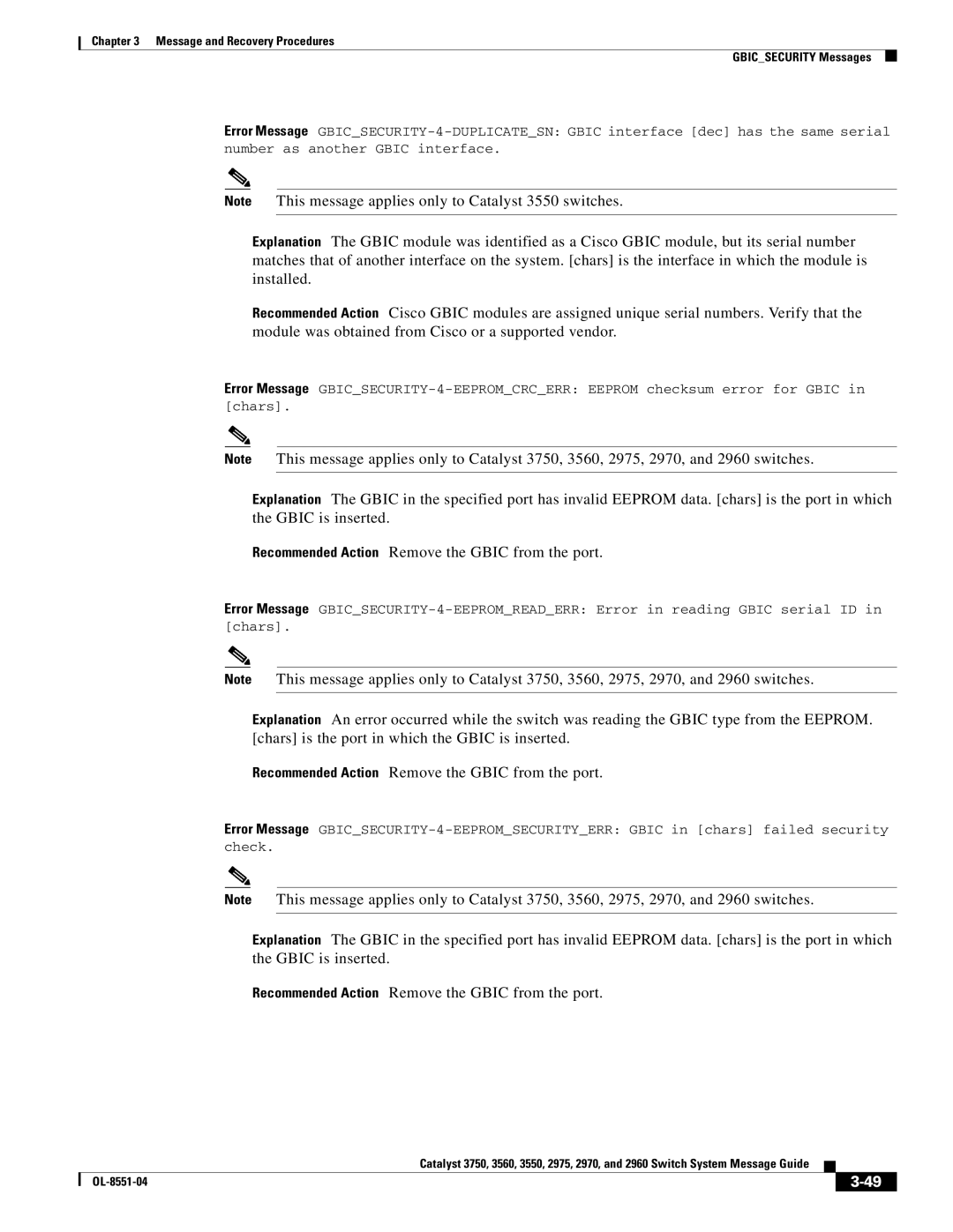 Cisco Systems 3750 manual Message and Recovery Procedures Gbicsecurity Messages 