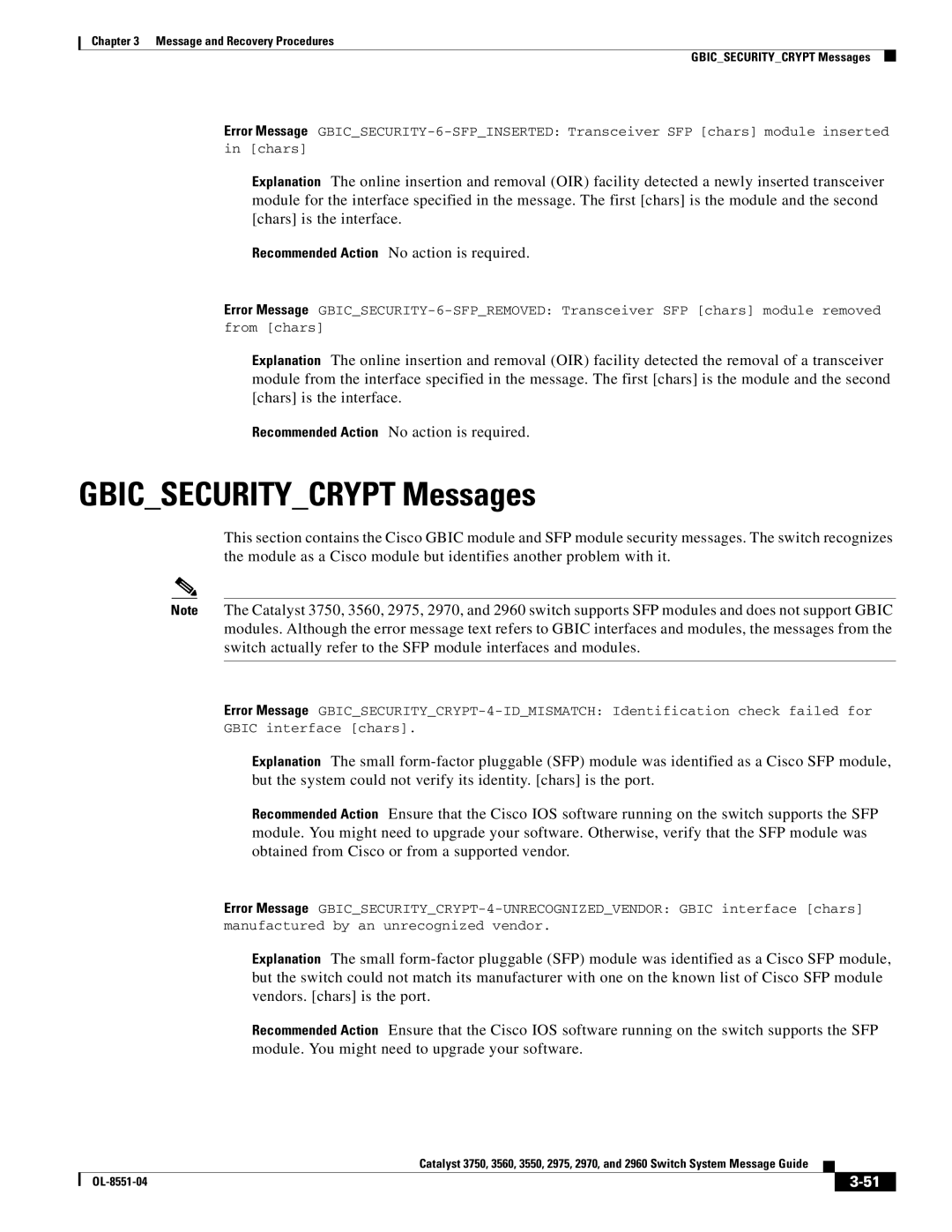 Cisco Systems 3750 manual Gbicsecuritycrypt Messages 