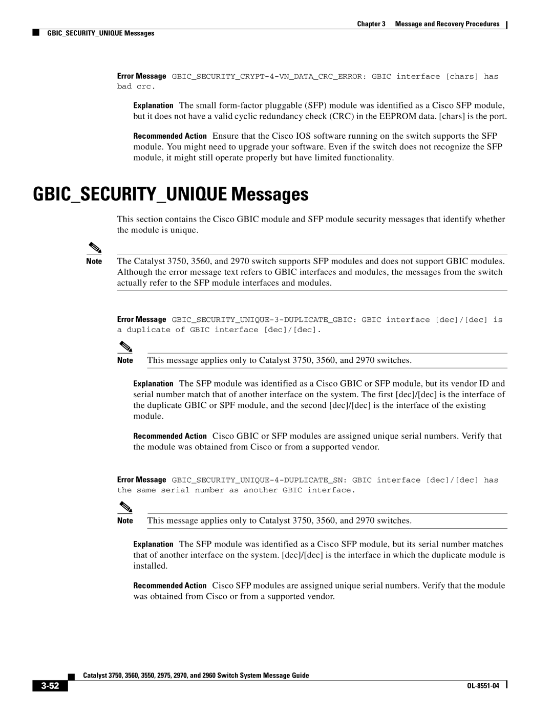 Cisco Systems 3750 manual Gbicsecurityunique Messages 