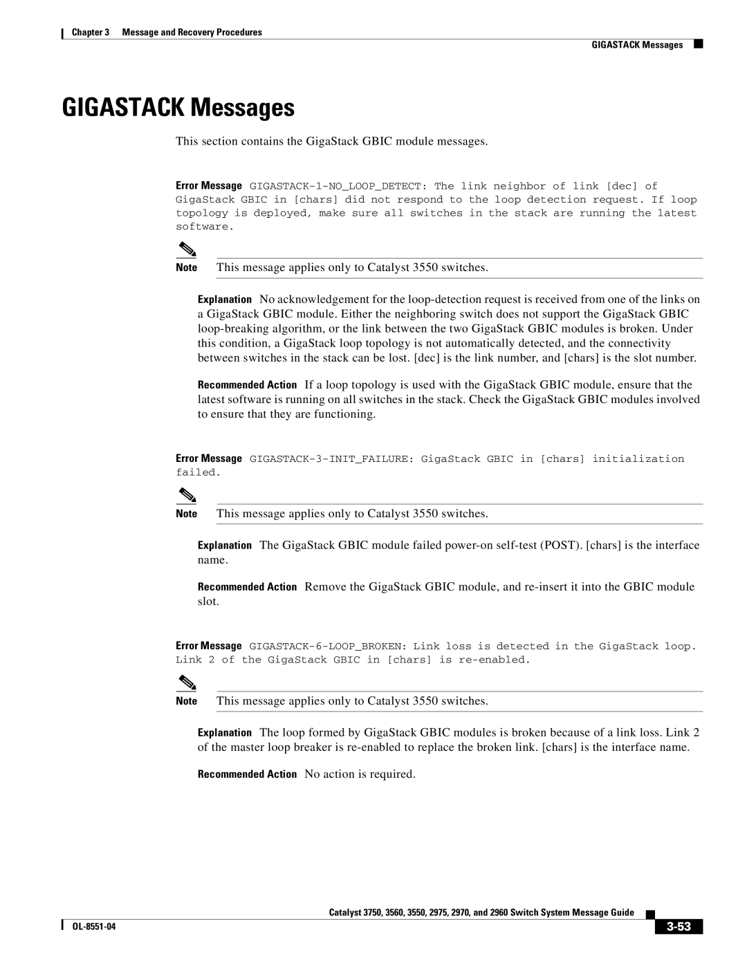 Cisco Systems 3750 manual Gigastack Messages, This section contains the GigaStack Gbic module messages 