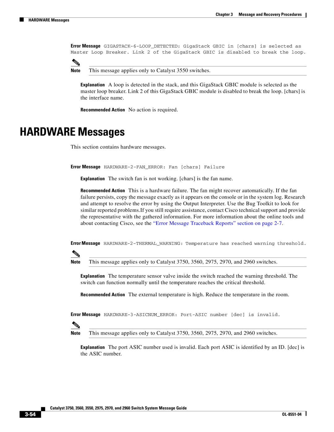 Cisco Systems 3750 manual Hardware Messages, This section contains hardware messages 