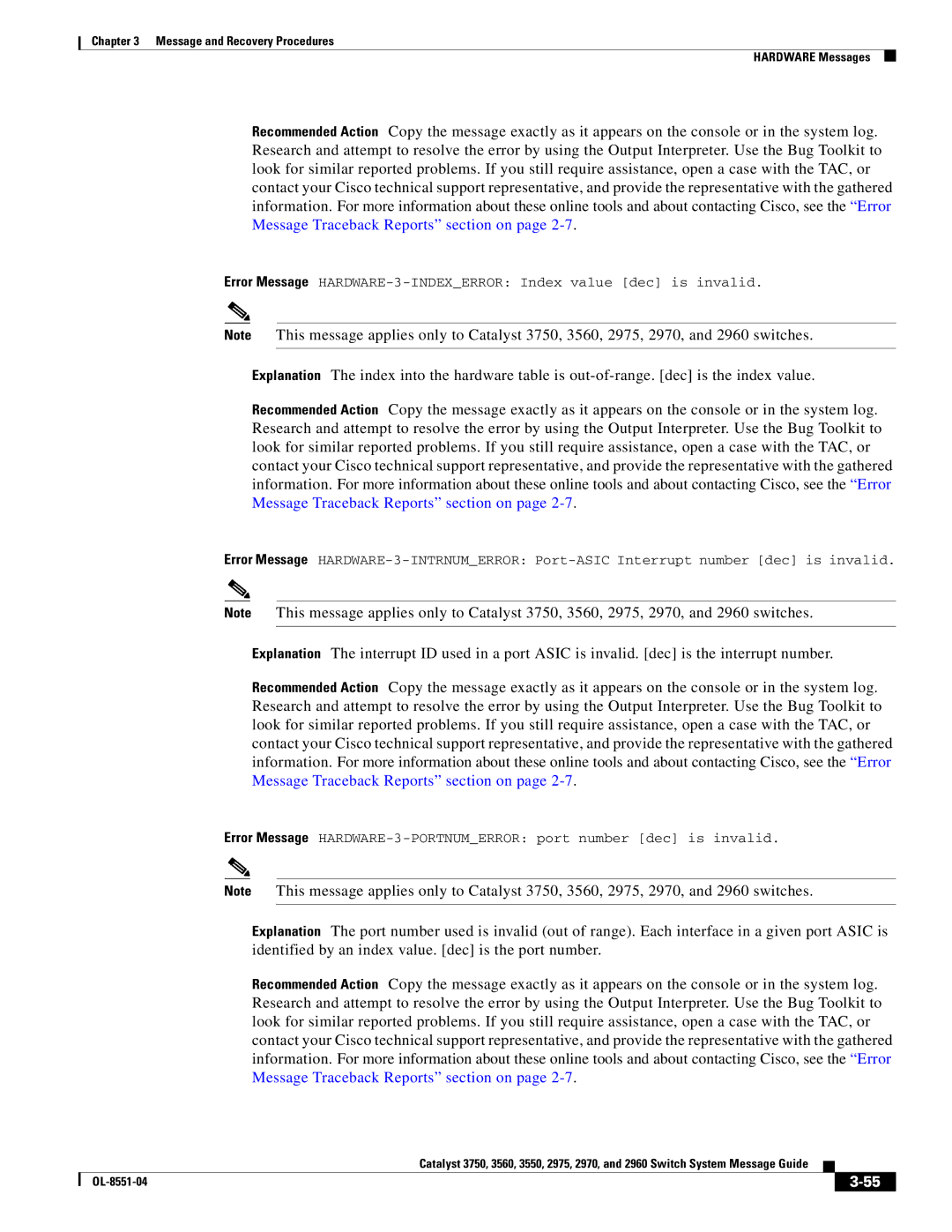 Cisco Systems 3750 manual Message and Recovery Procedures Hardware Messages 