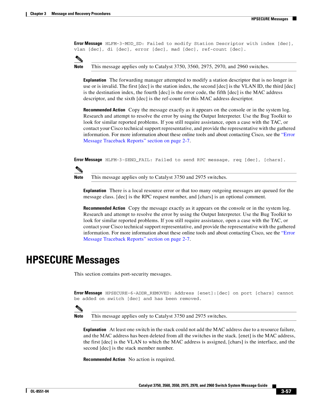 Cisco Systems 3750 manual Hpsecure Messages, This section contains port-security messages 