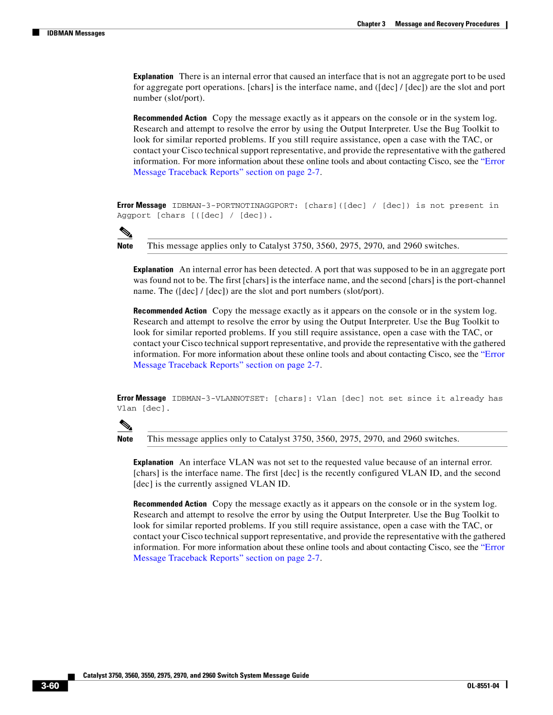 Cisco Systems 3750 manual Message and Recovery Procedures Idbman Messages 