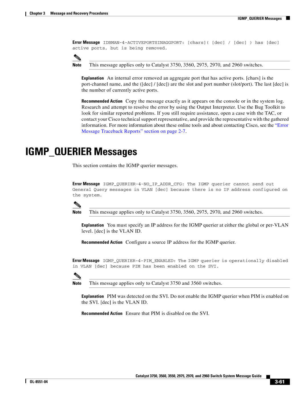 Cisco Systems 3750 manual Igmpquerier Messages, This section contains the Igmp querier messages 