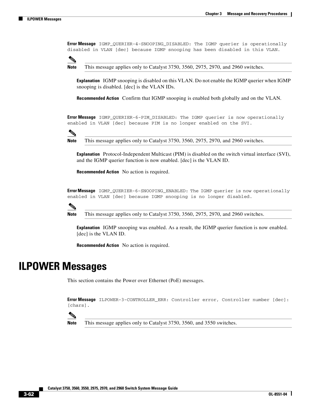 Cisco Systems 3750 manual Ilpower Messages, This section contains the Power over Ethernet PoE messages 