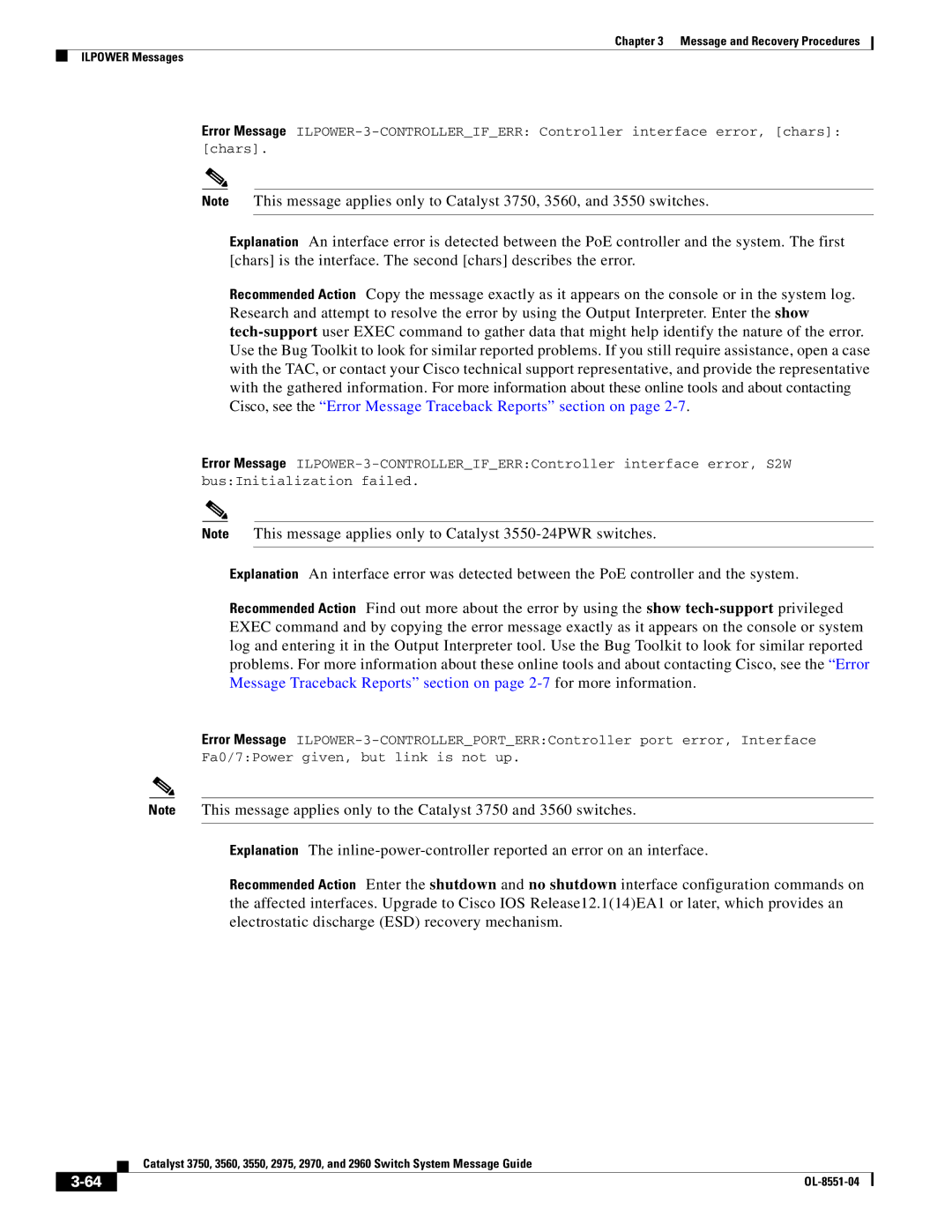 Cisco Systems 3750 manual Message and Recovery Procedures Ilpower Messages 