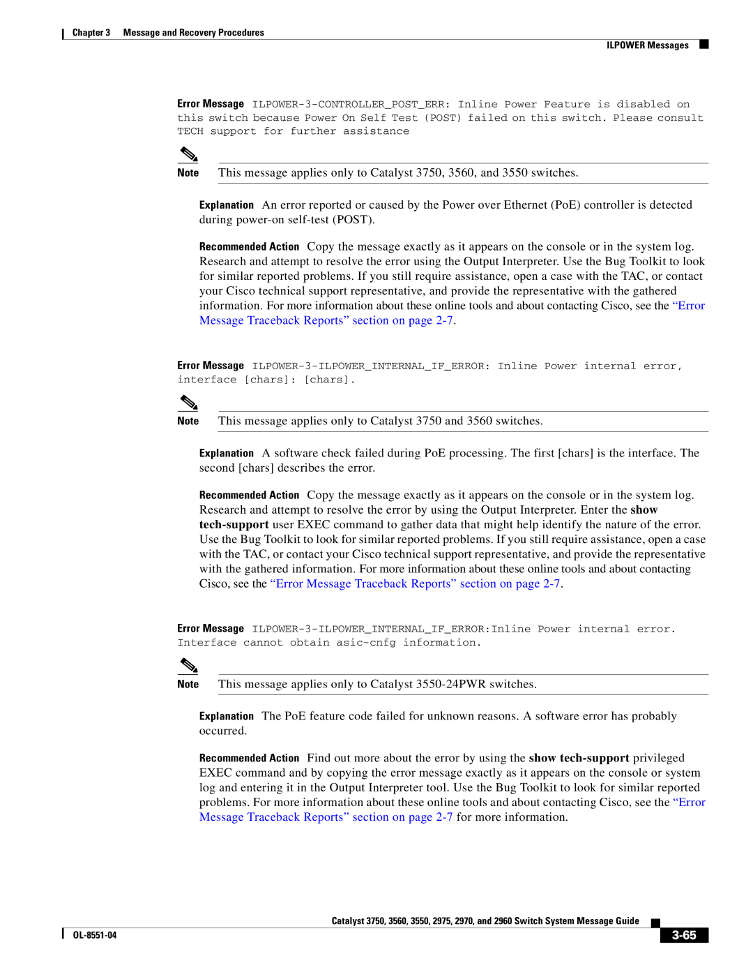 Cisco Systems 3750 manual Message and Recovery Procedures Ilpower Messages 