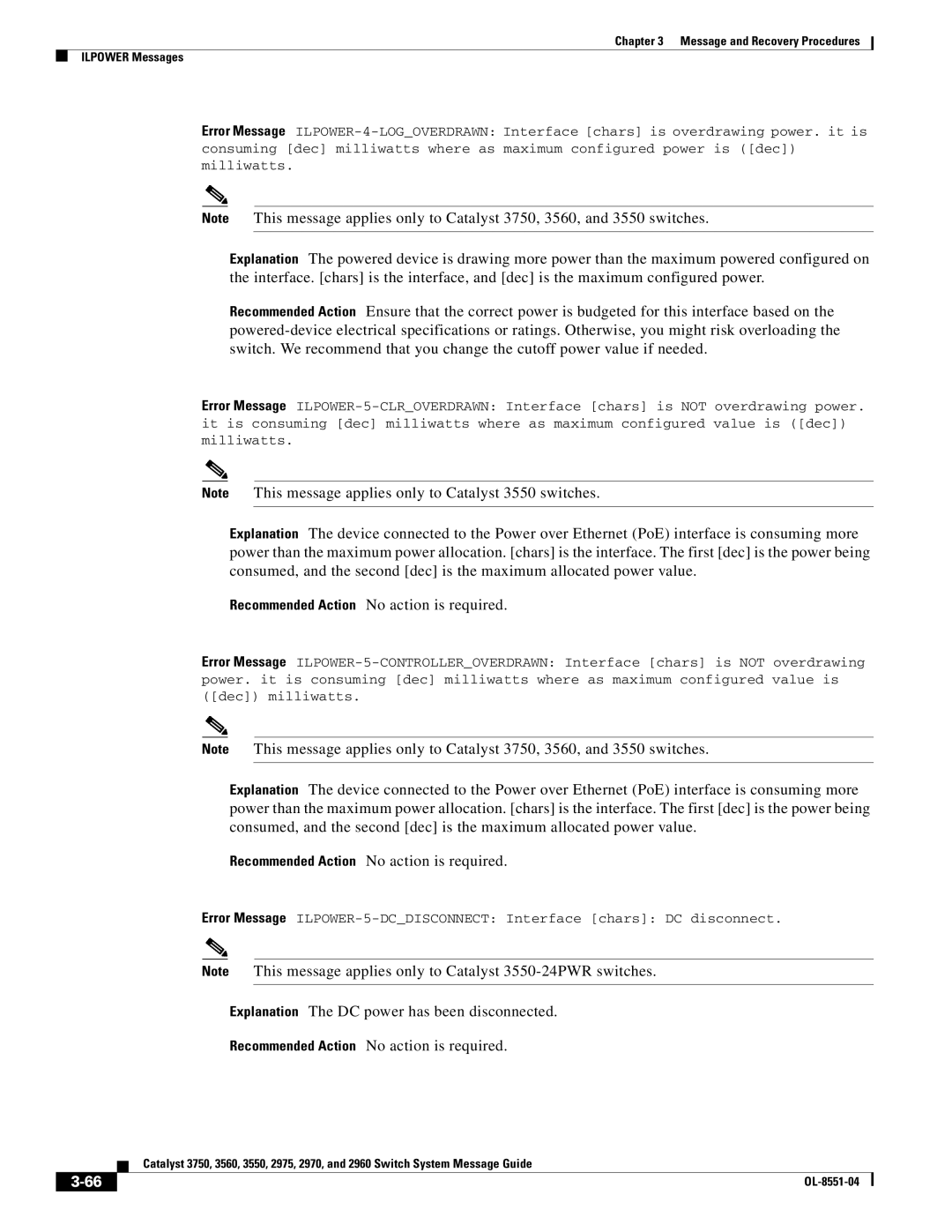 Cisco Systems 3750 manual Message and Recovery Procedures Ilpower Messages 