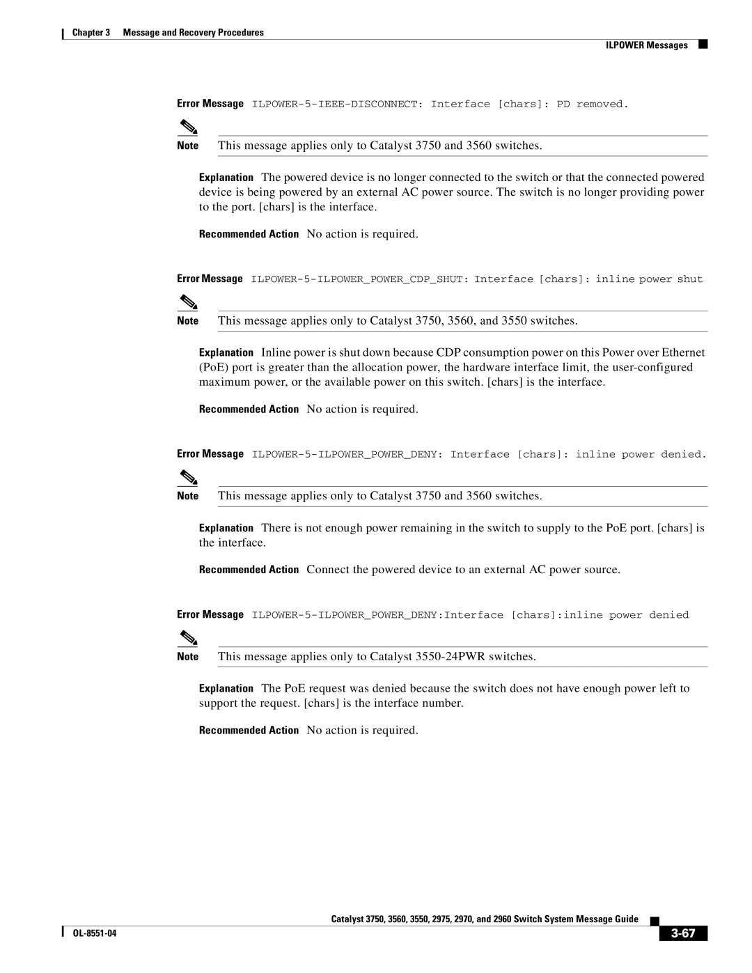 Cisco Systems 3750 manual Message and Recovery Procedures Ilpower Messages 