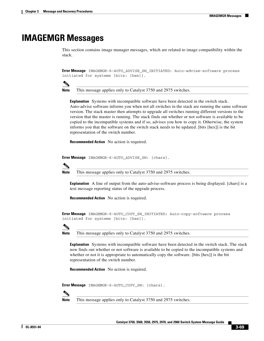 Cisco Systems 3750 manual Imagemgr Messages, Error Message IMAGEMGR-6-AUTOCOPYSW chars 