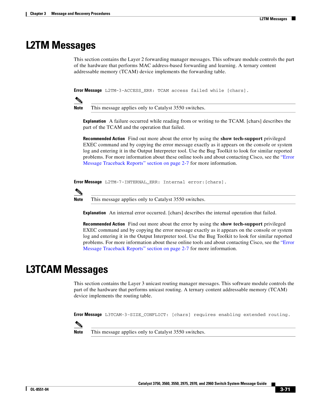 Cisco Systems 3750 manual L2TM Messages, L3TCAM Messages 