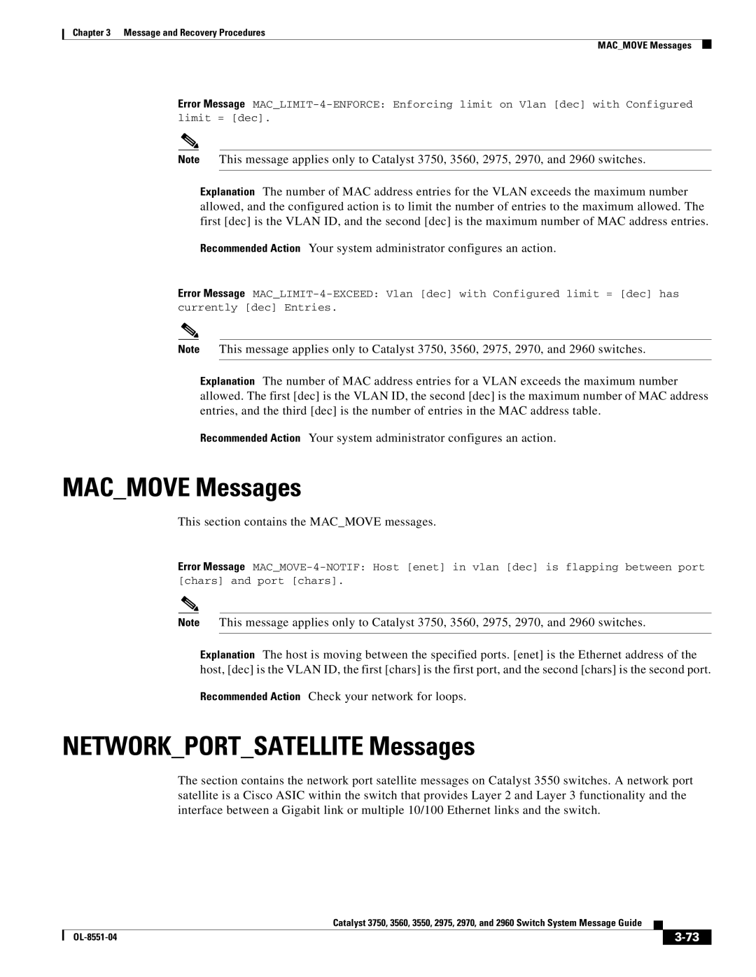 Cisco Systems 3750 manual Macmove Messages, Networkportsatellite Messages, This section contains the Macmove messages 