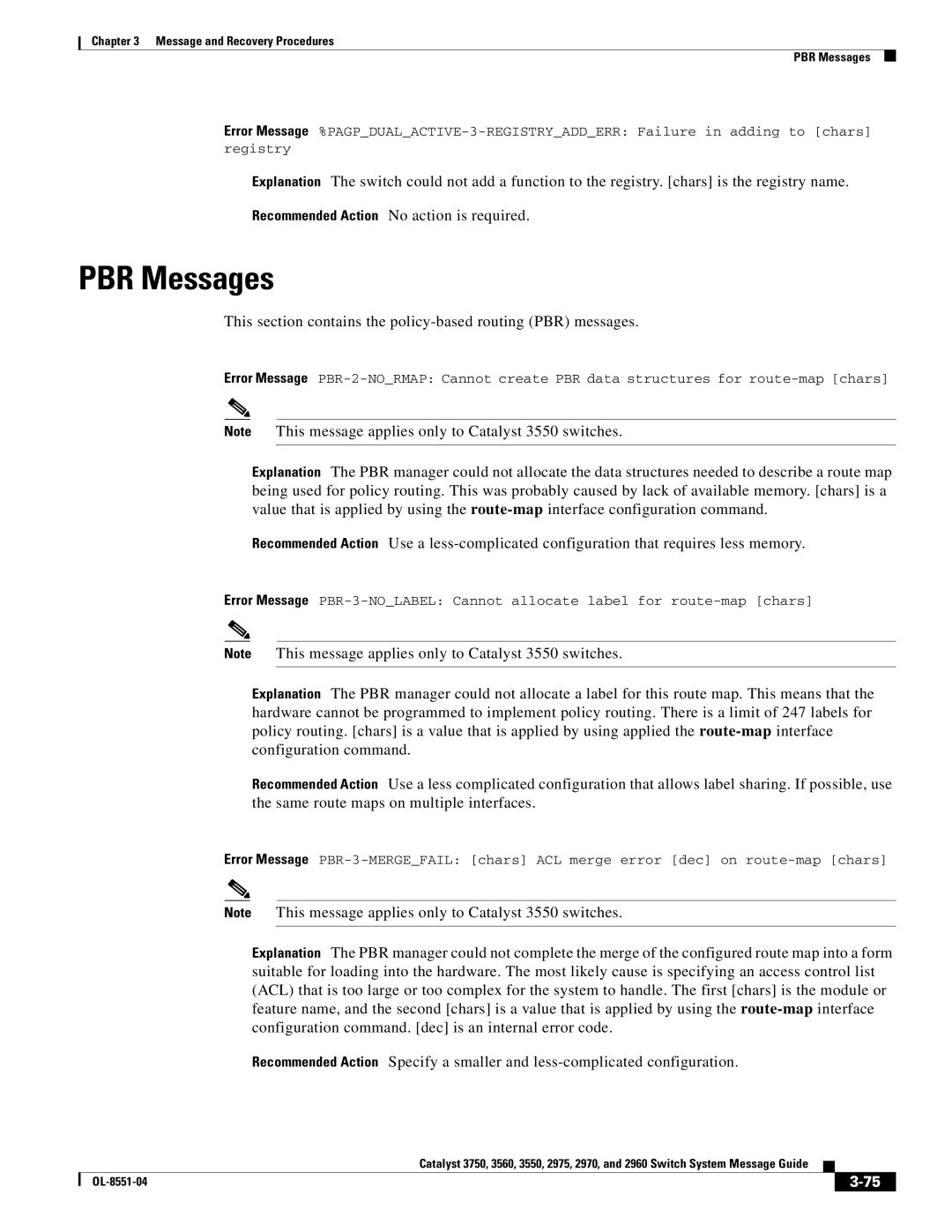 Cisco Systems 3750 manual PBR Messages, This section contains the policy-based routing PBR messages 